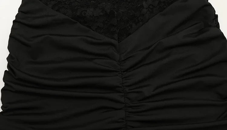 Ahagaga Sexy Patchwork Dresses For Women Short Sleeves Sheath Pleated Slim Fit Hollow Out Lace Basic Trend Streetwear Vestidos