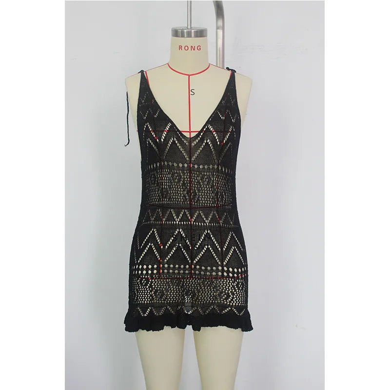 DEKA Style Knitting Multicolor Slip Dress Fashion Hollow Out Short Dress Women's Beach Holiday Bikini Cover Up Fishnet Crochet S