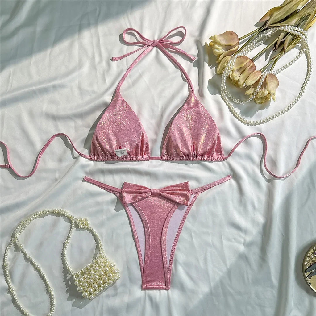 Glitter Sparkling Bow Halter Bikini Female Swimsuit Women Swimwear Two-Pieces Bikini Set Padded Bather Bathing Suit Swim V7567