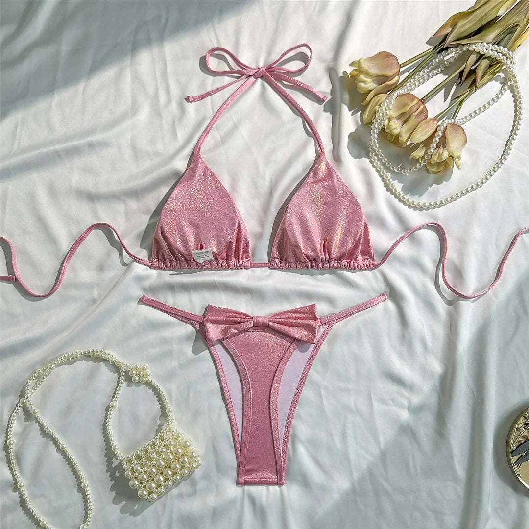 Glitter Sparkling Bow Halter Bikini Female Swimsuit Women Swimwear Two-Pieces Bikini Set Padded Bather Bathing Suit Swim V7567
