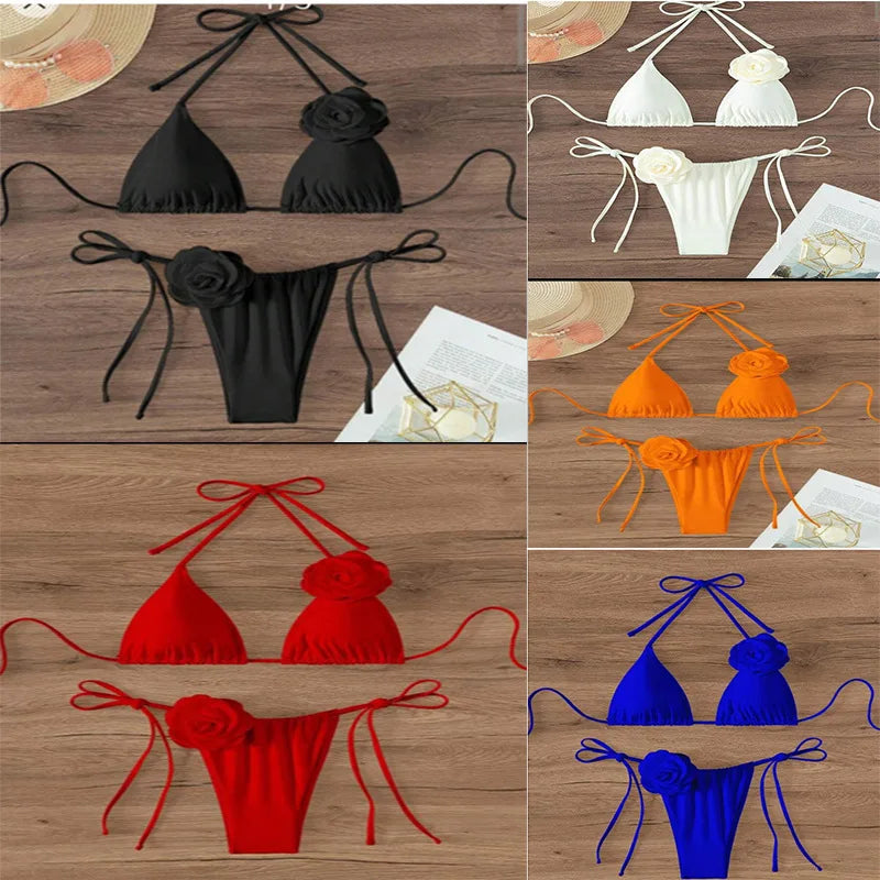 Sexy Bikini Set Women Swimsuit 2024 Black White 3D Floral Print Micro Bikinis Brazilian Cutout Beach Bathing Suit Thong Swimwear