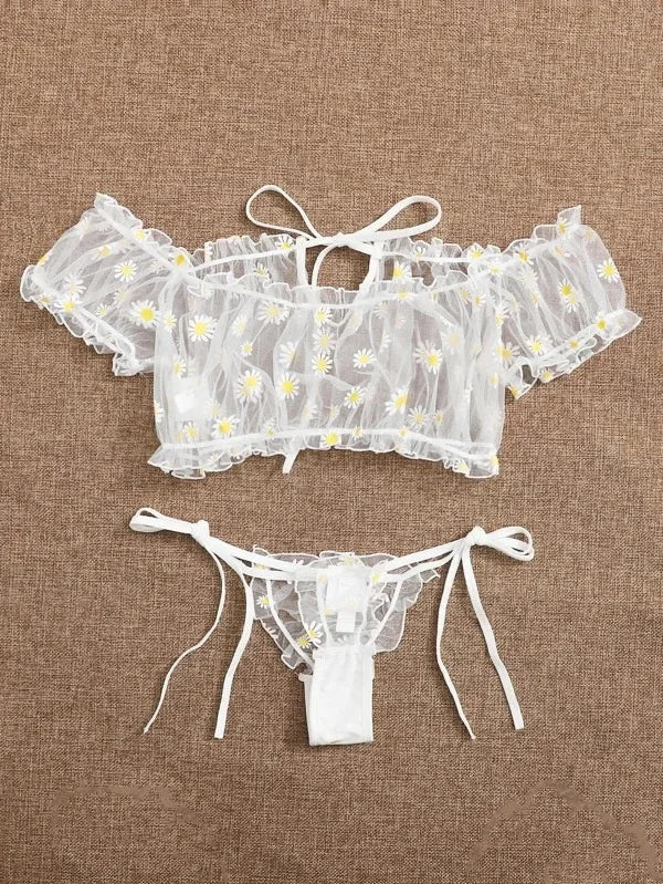Toucheart Sexy Underwear Lace Lingerie Set For Women Off-Shoulder Small Chest Bralette+Thong Beachwear Transparent Bra Set New