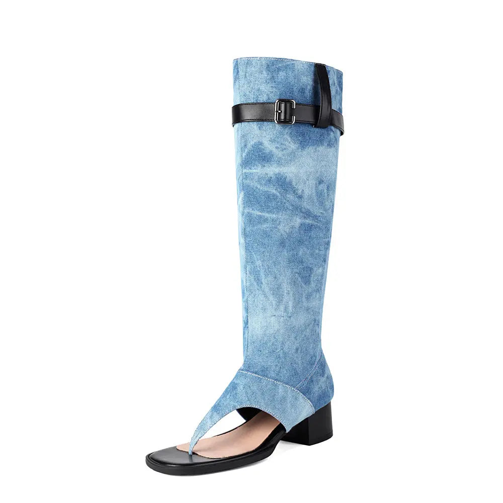 2025 Brand Plus Size 48 Trendy Denim Blue Gladiator Sandals Women Chic Black Chunky Heels  Fashion Comfy Walk Summer Boot Shoes