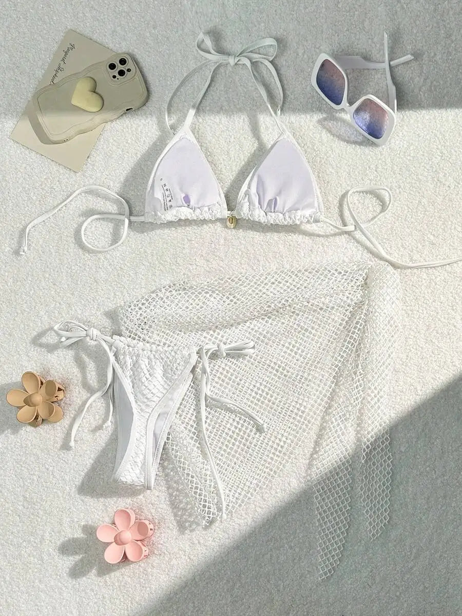 Women mesh micro mini string bikini sets 3pcs with cover skirt shell pendant swimsuit bathing suit beach outfits biquini tankini