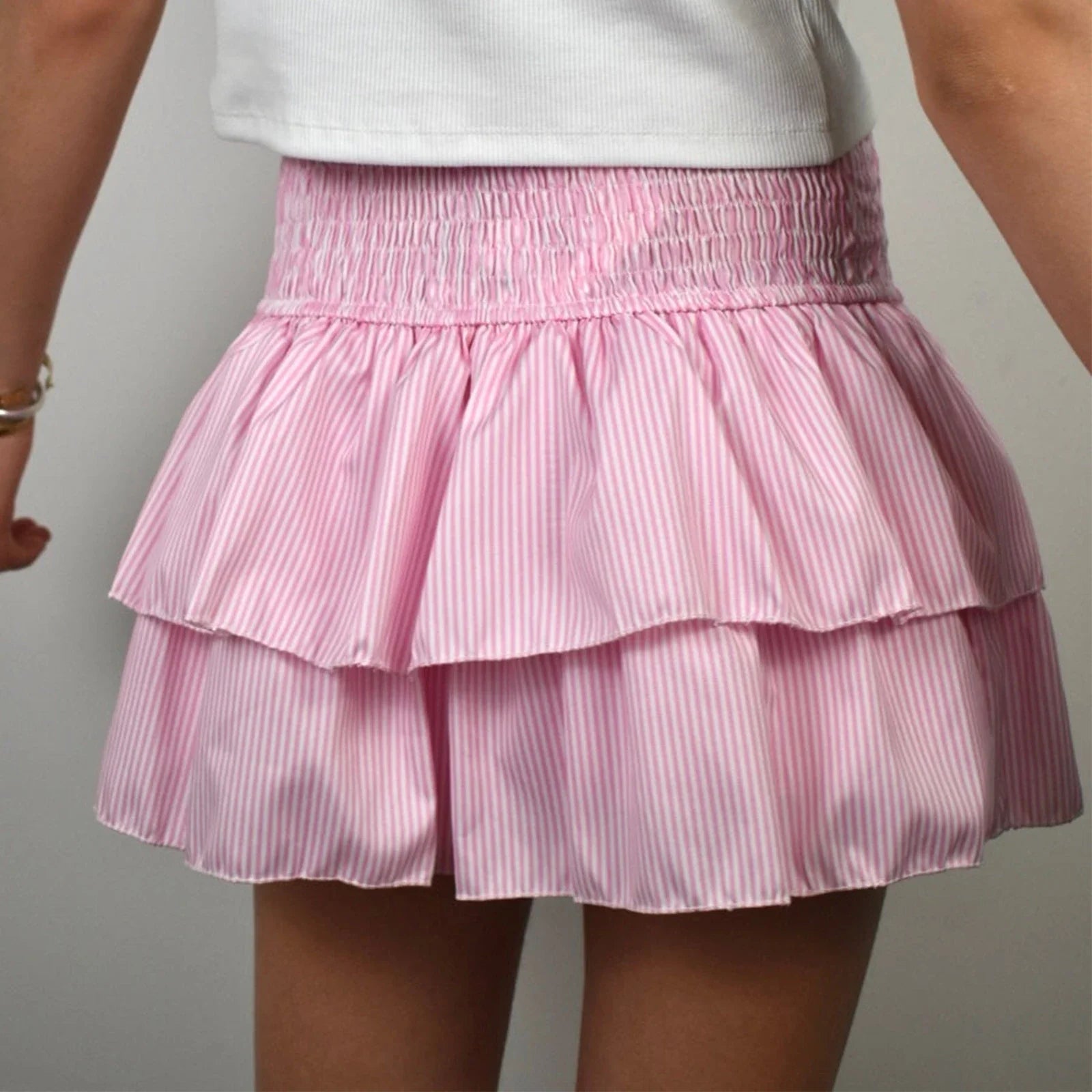 Women Vintage Mini Skirt Elegant High Waist Pleated Printed Ruffled Layered Skirt Summer A-line Skirt Streetwear