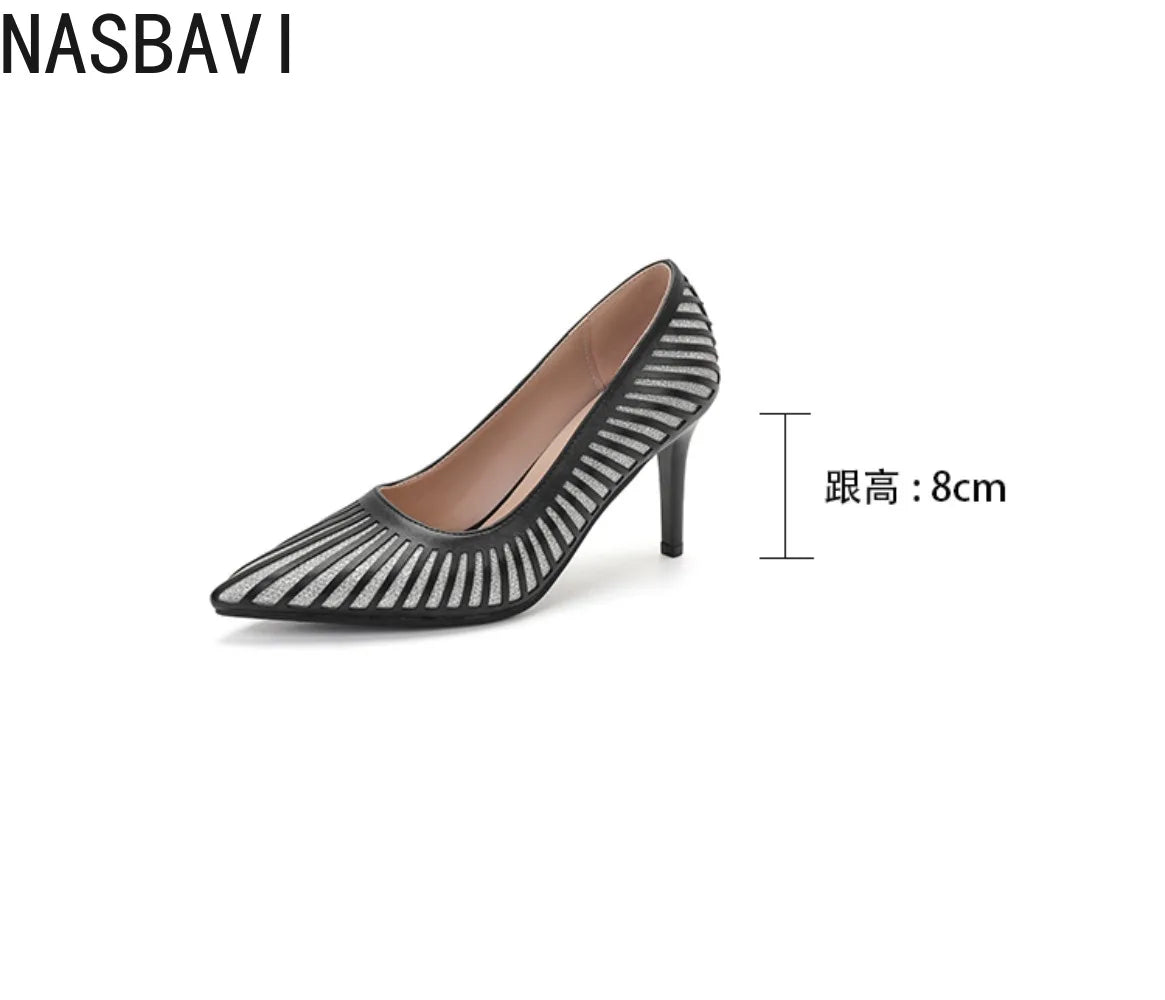 Women 8CM Pointed Toe High Heels Slip on Stiletto Pumps Dress Party OL Office Classic Stripes Single Shoes Gold Silver New 2026
