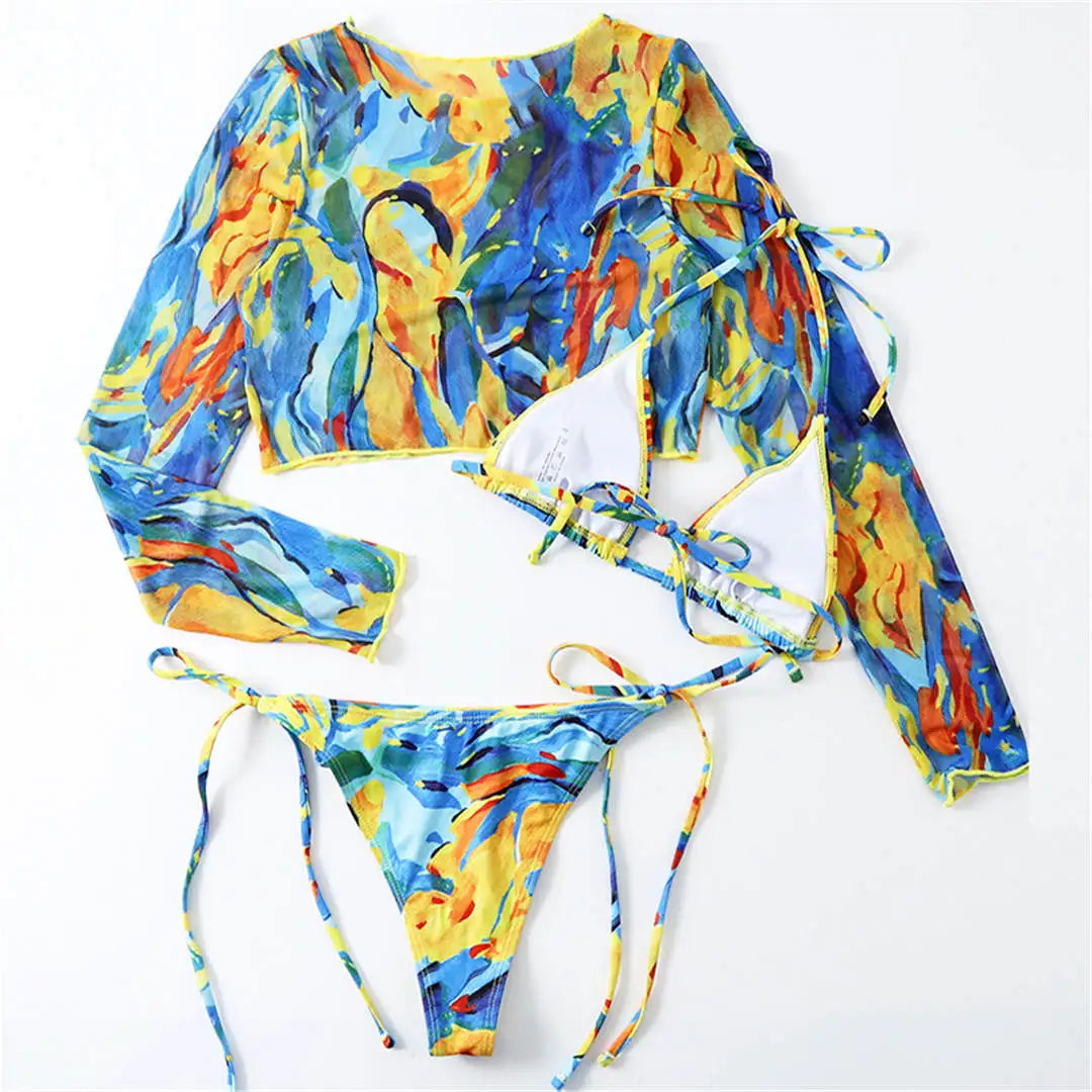 S- XXL Leopard Printed Long Sleeve Bikini Women Swimwear Female Swimsuit Three-Pieces Bikini Set Bather Bathing Suit Swim V3193Y