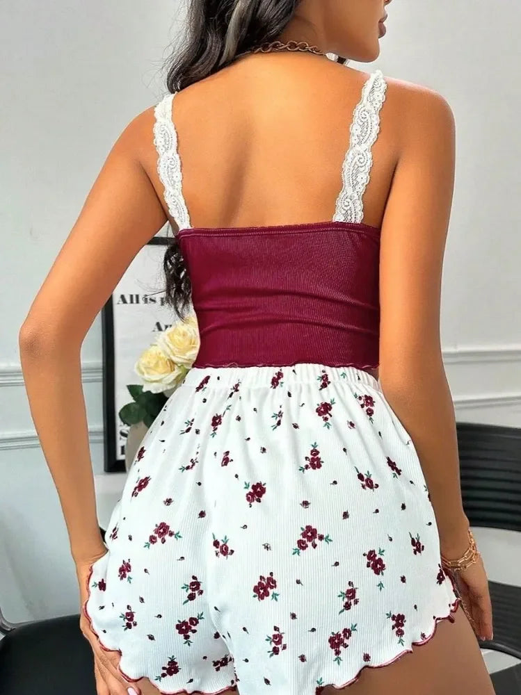 Women Sleepwear Summer Lace V-Neck Pajama Set Cami Top Printed Shorts Soft Pyjamas Sexy Nighties Loungewear