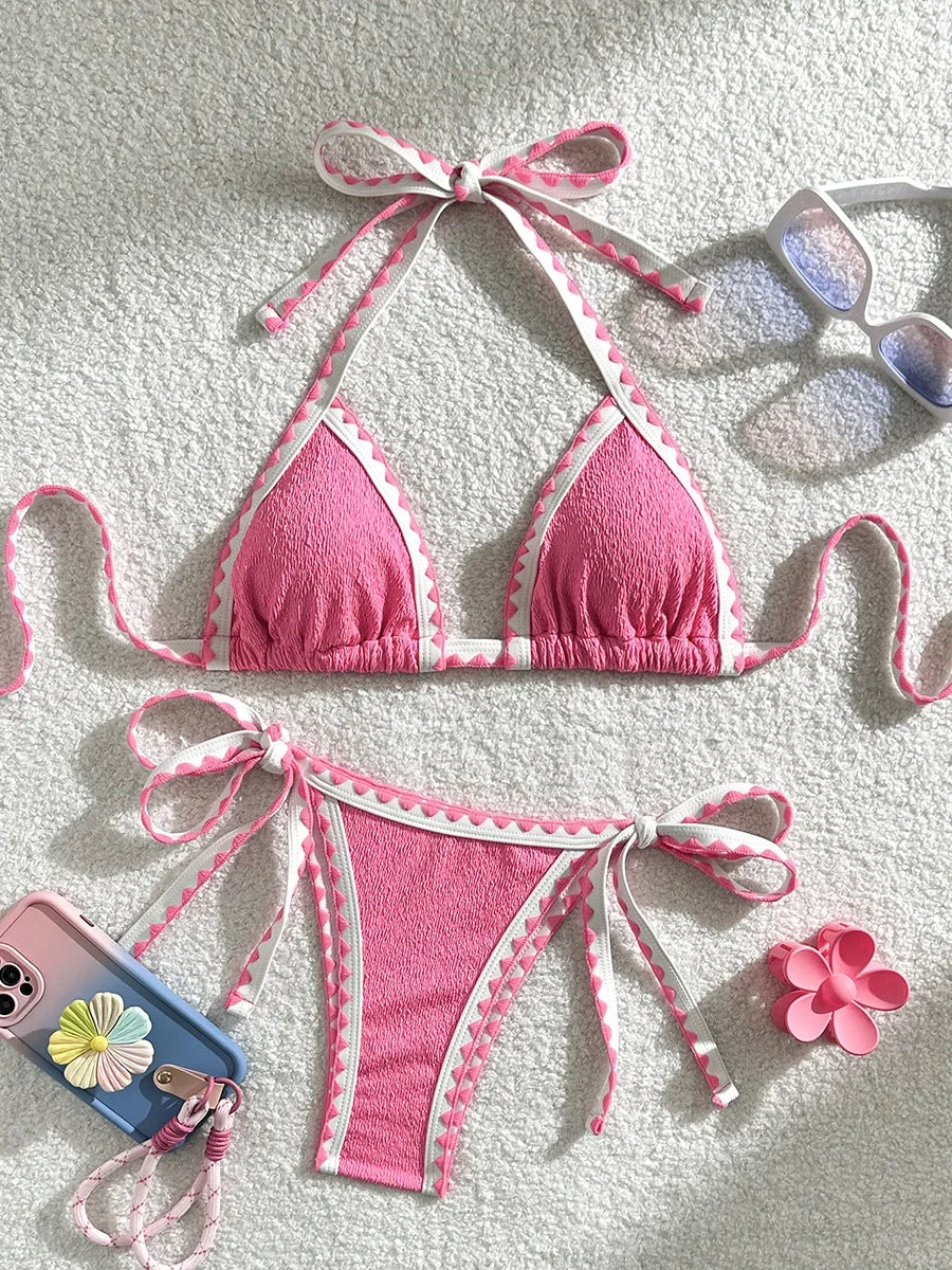 Splicing Wrinkled Pleated Bikinis 2025 High Cut Bikini Women Swimwear Female Swimsuit Two-pieces Bikini Set Bathing Suit Swim