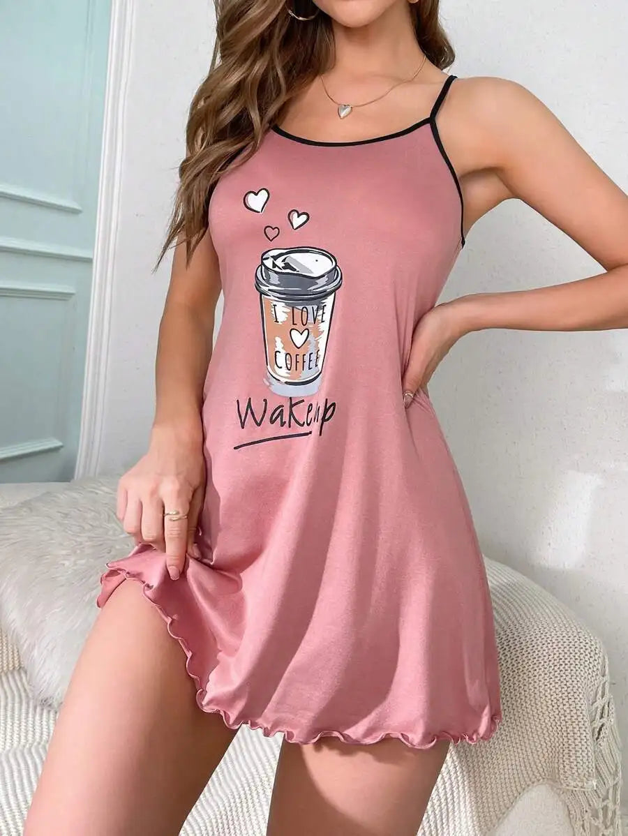 Summer Cute Letter Print Nightdress Women Nightgown Spaghetti Strap Mini Cami Lettuce Hem Contrast Trim Loungewear