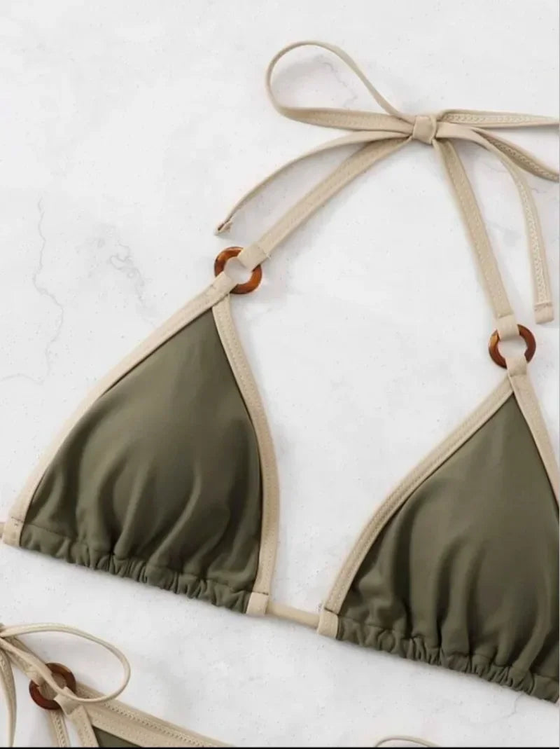 Women Green Halter Micro Ring String Bikini Sets Two Pieces Tie Thong Swimsuit Swimwear Bathing Suit Beach Outfits Biquini