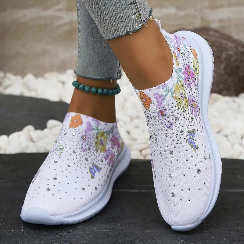 2025 Fashion Crystal Platform Sneakers Women Plus Size Slip On Flowers Printed Flats Woman Breathable Soft Sole Wakling Shoes