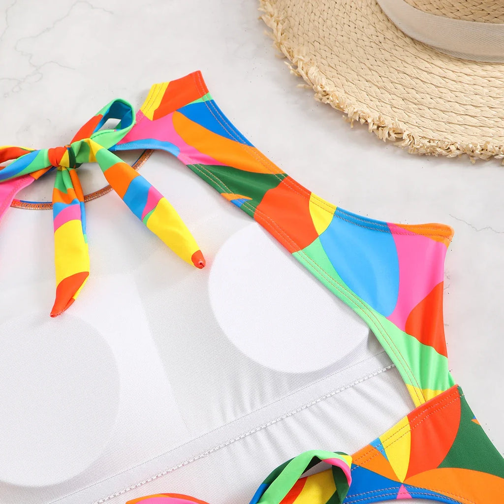 2026 Color Block Swimsuit One Piece Backless Printed Swimwear Women Bathers Bathing Swimming Swim Suit Padded Beachwear Summer