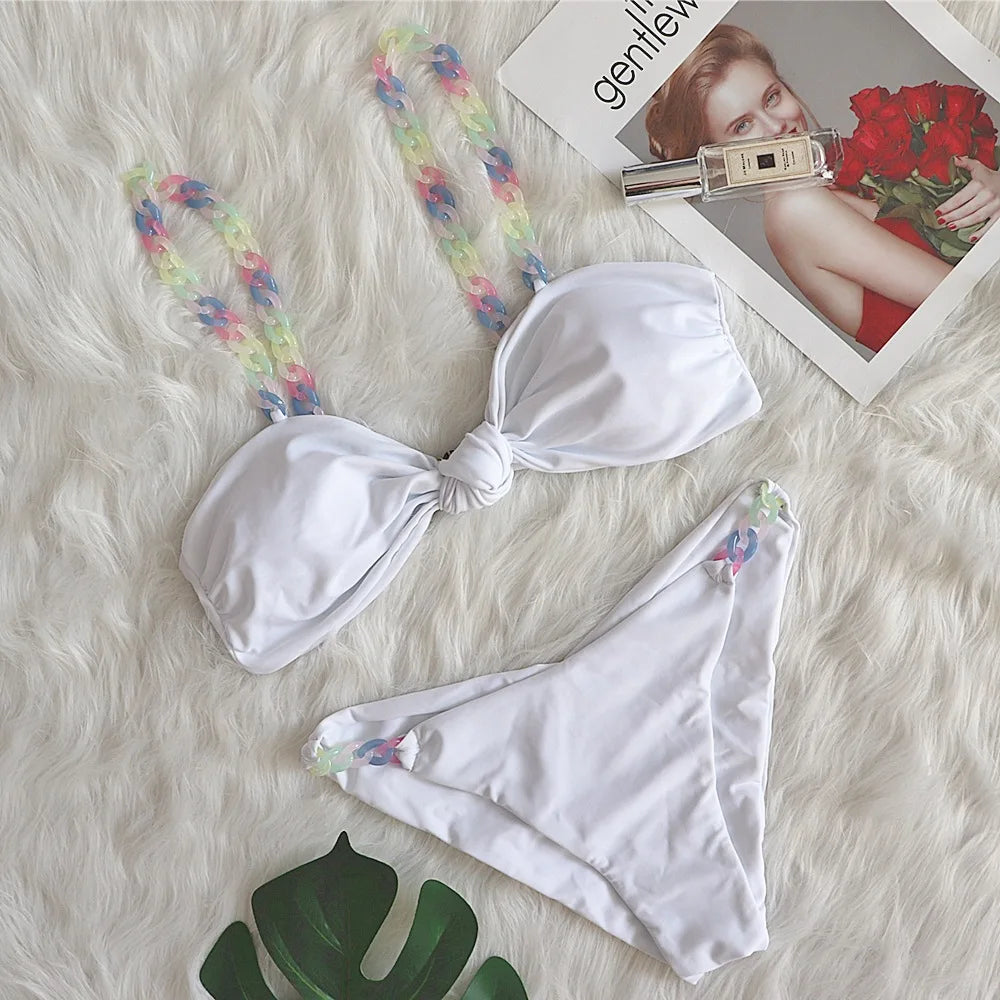 Bikini 2026 Sexy Swimwear Swimsuit Women Knotted Colorful Chain Bikini Set Bathing Suit Beach Female 4 Colors Biquinis Feminino