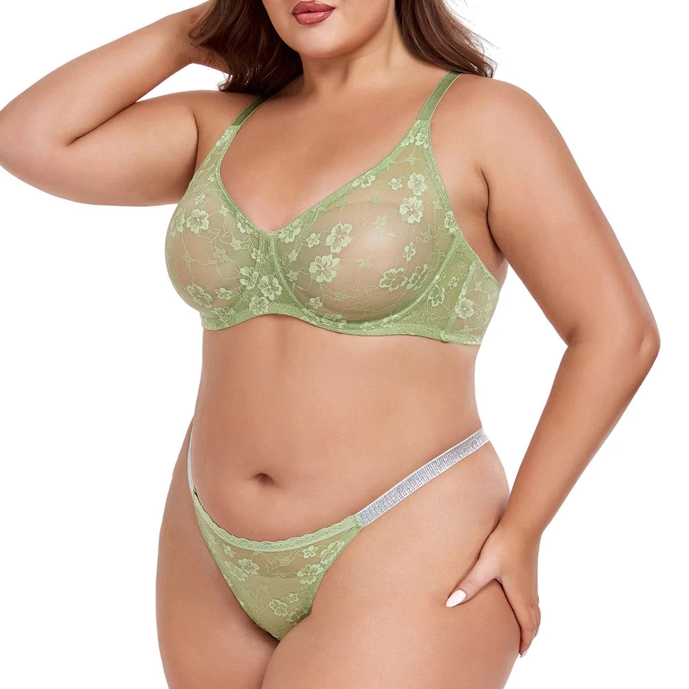 Sexy Floral Lace Womens Lingerie Set Breathable Erotic Bra And Briefs Sets Panties Thong Plus Size Underwear B C D E F Cup