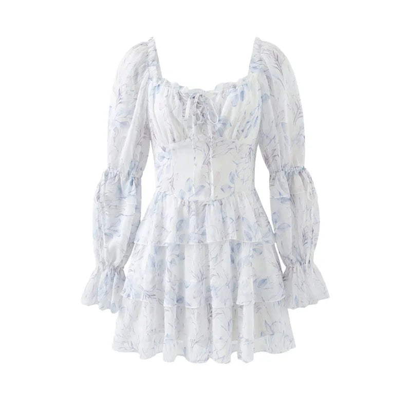 Sweet Long-sleeve Dress For Women Pleated Printed Short Women White Floral Print Mini Dress Long Puff Sleeve For Beach 96U3