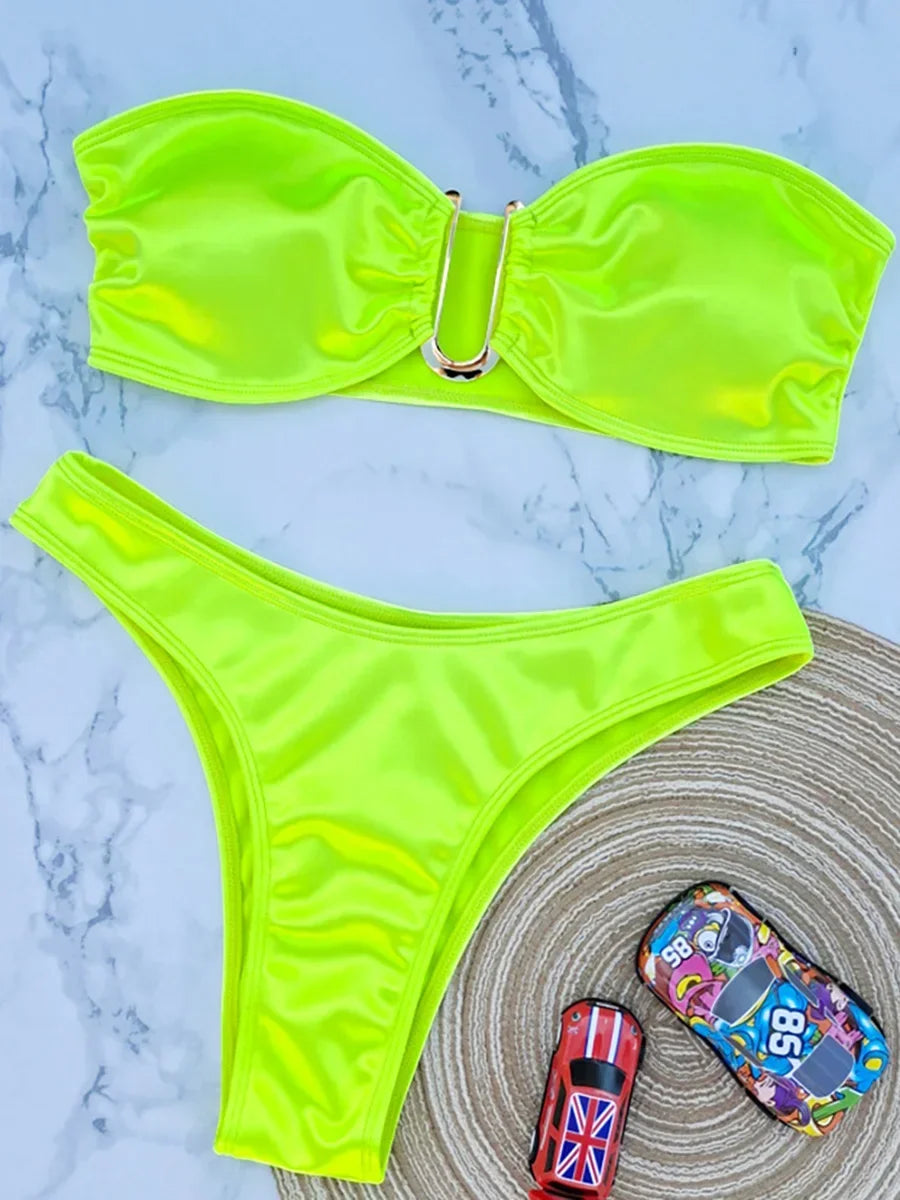 Bandeau Bikinis 2025 Strapless Satin Bikini Female Swimsuit Women Swimwear Two-pieces Bikini Set High Cut Bathing Suit Swim Lady