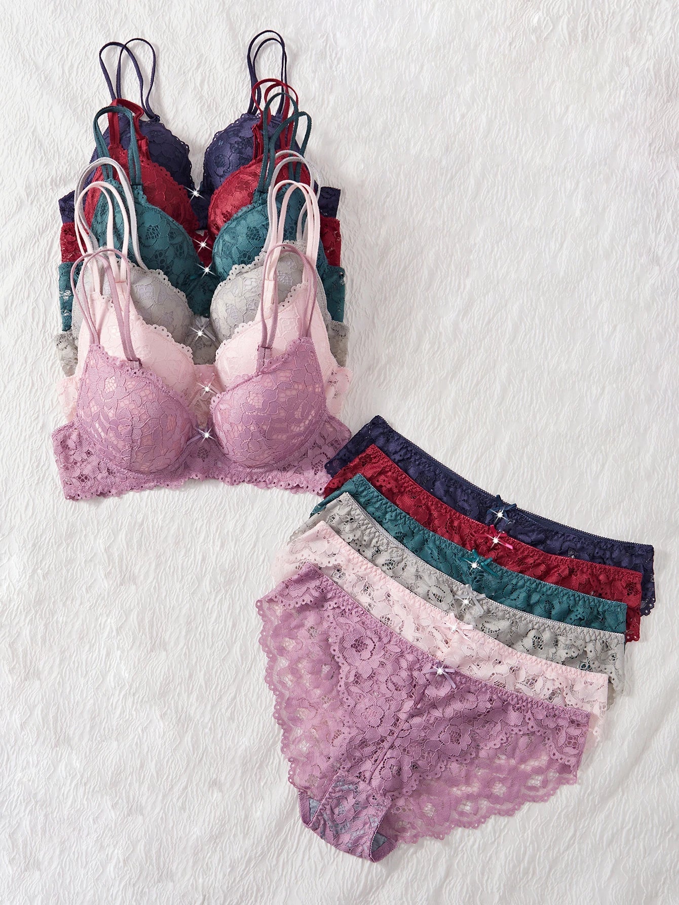 6-Piece Set Women's Bra and Panties Set Sexy Patterned Lace Patchwork No Lining Comfortable Fitting Women's Push-Up Bra Women's Underwear Set