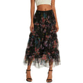 Early Fall Floral Print Ruffle Mesh Skirt Women Irregular Flowy A-line Midi Skirt for Travel, Beach, Shopping