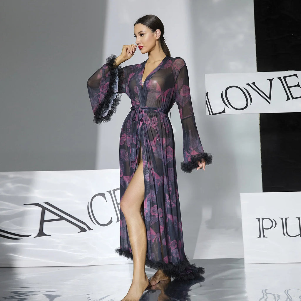 2026 New Women Elegant Butterfly Print Mesh Robe Big Flare Sleeve Lace Up Tassel Fringe High Slit Bathrobe Loungewear