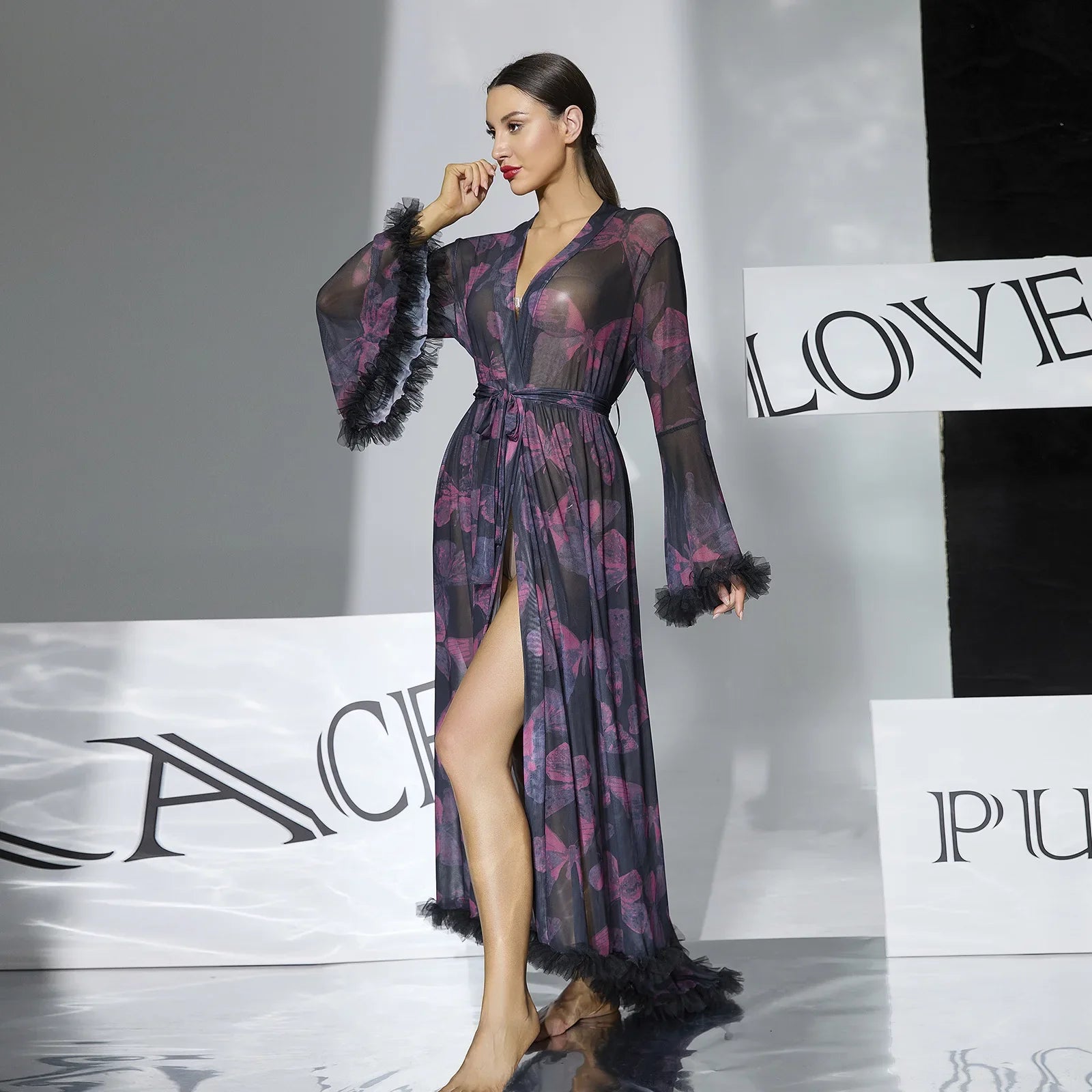 2026 New Women Elegant Butterfly Print Mesh Robe Big Flare Sleeve Lace Up Tassel Fringe High Slit Bathrobe Loungewear