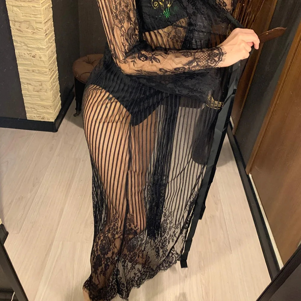 S - XL Sexy Sheer Crochet Lace Tunic Beach Cover Up Beach Cover-ups Long Beach Dress Beach Wear Beachwear Female Women V1318