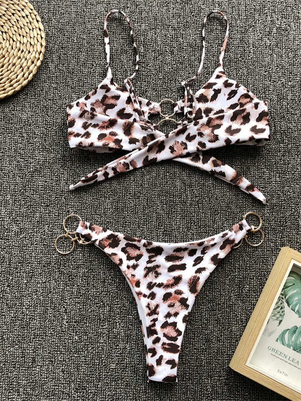 Metal Rings Leopard Brazilian Bikini Women Swimwear Female Swimsuit Two-piece Bikini set Thong Bather Bathing Suit Swim V1441