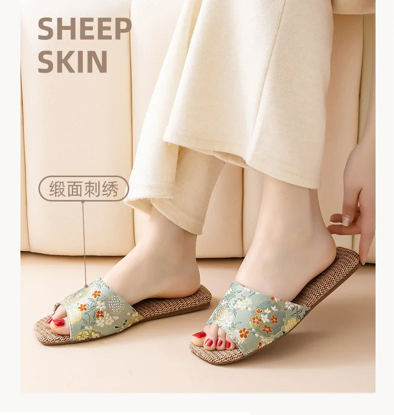 Breathable Indoor Linen Slippers For Women Men Home Floor Shoes Chinese Style Emrobidery Anti-slip Couples House Bedroom Slides
