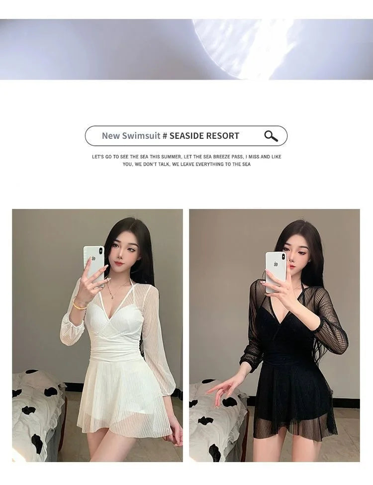 Swimsuit Women's Summer New One-piece Skirt Style Slimming Lace Long Sleeved Small Chest Steel Support Hot Spring Swimsuit