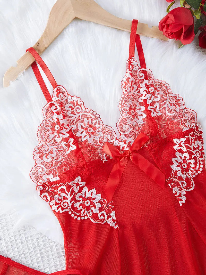 Women's Nightgowns See Through Sexy Deep V Embroidered Nightdress Pajamas Thong Sleepwear Baby Doll Lingerie