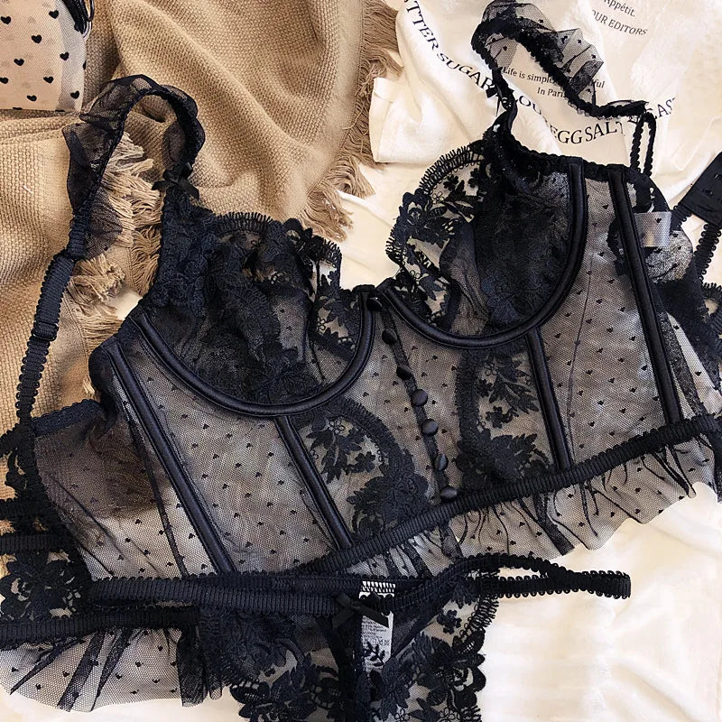 Sexy French Lace Bra and Thong Set Ultra Thin See Through Shaping Underwear Women's Embroidery Lace Camisole Lingerie Set MOYISU