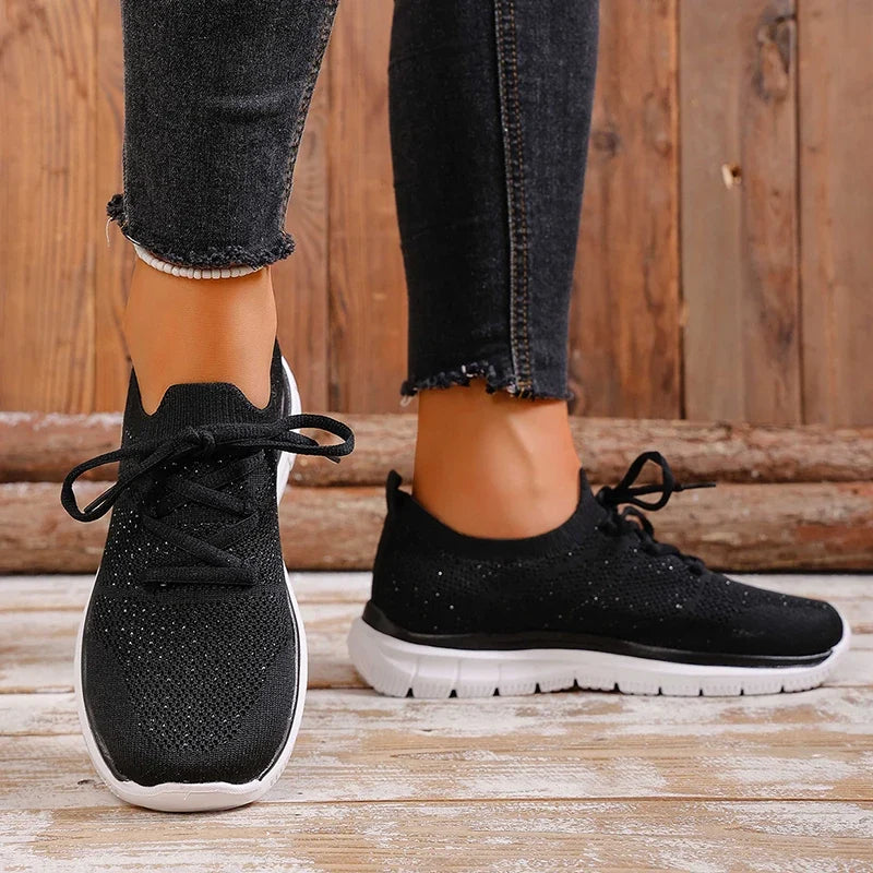 Breathable Mesh Sports Flat Shoes Women Plus Size 43 Slip On Knitted Platform Sneakers Woman Comfortable Soft Sole Running Shoes