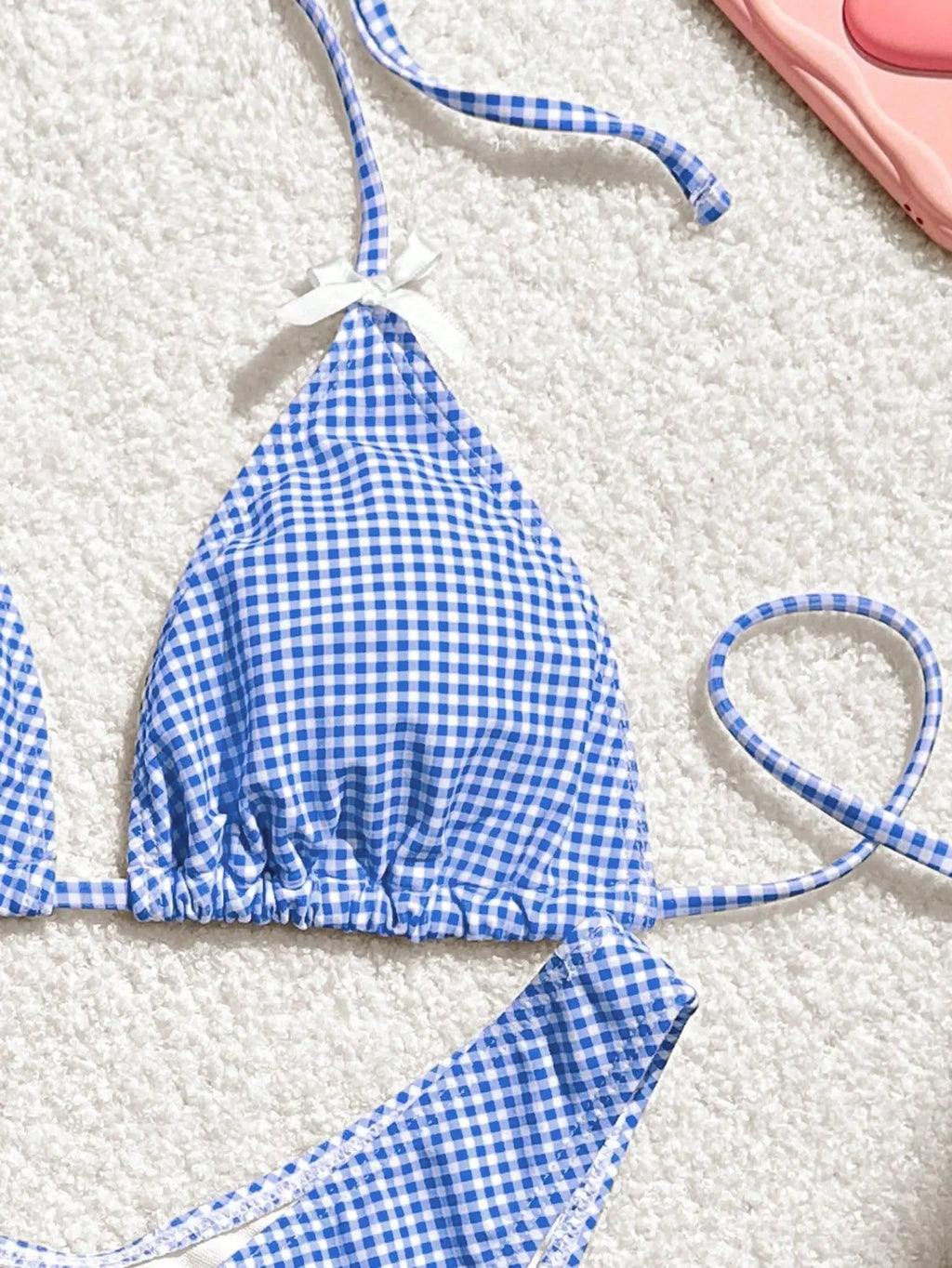 Blue Plaid Print Two Piece Swimsuit for Women Sexy Bow Suspender Backless Bikini Set High Waist Thong Beach Bathing Suit 2025