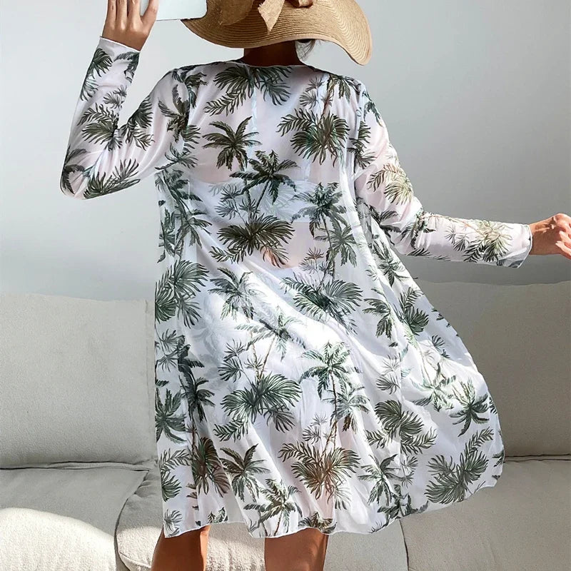 New Women's 3 Pieces Swimsuit Allover Print Tankini+Long Gauze Coat Cover-Up Swimwear High Waist Shorts Bathing Suit Beachwear