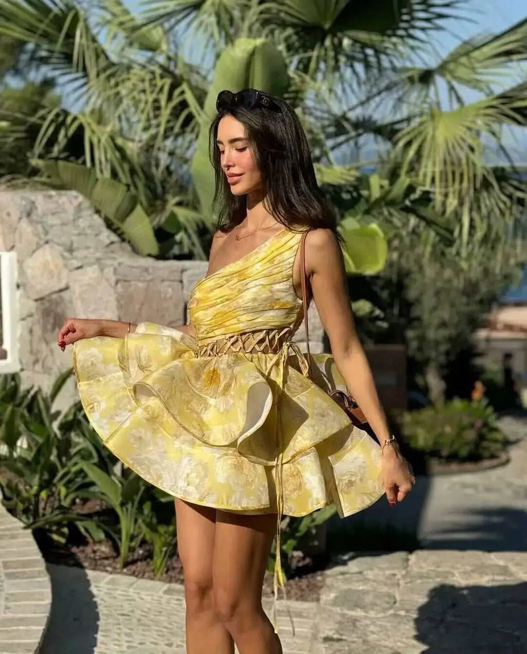 Women's Sexy One-Shoulder Waist-Cinching Dress Pure Desire Yellow Floral Print Ruffled Mini Dress Party Dress For Women NRR0