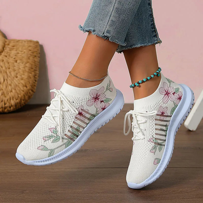 Fashion Printed Breathable Sneakers Women Thick Bottom Knitted Walking Shoes Woman Hollow Out Slip On Sports Shoes Female 35-43