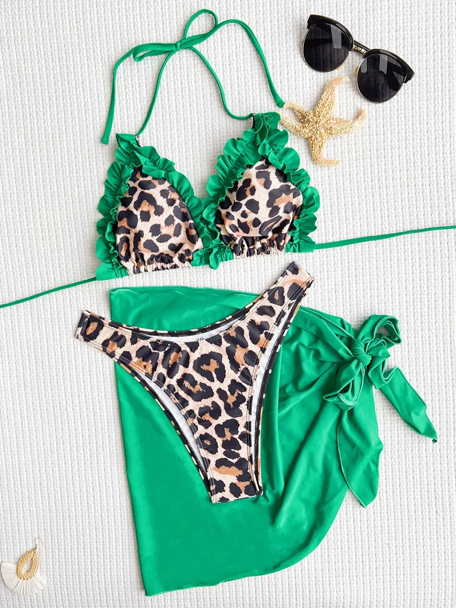With Skirt Sarong Leopard 3D Ruffled Bikini Female Swimsuit Women Swimwear Three-pieces Bikini Set Bathing Suit Swim Beachwear