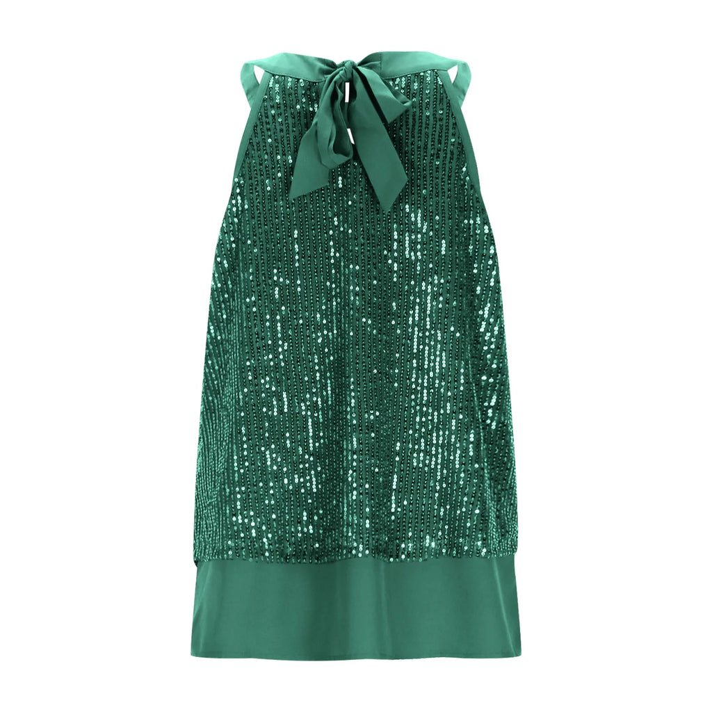 Women's Sequin Glitter Tank Tops Sleeveless Crew Neck Slim Fit Camisole For Holiday Backless Bow Tie Streetwear Party Club Vest