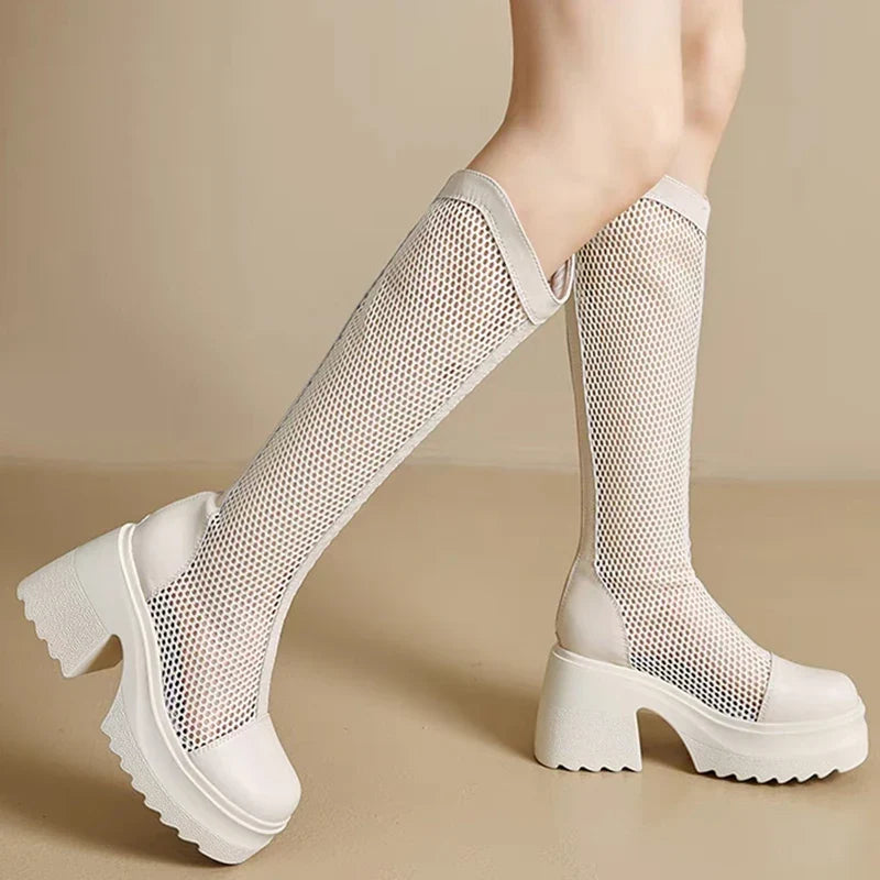 Sexy Mesh Hollow Boots Woman Summer 2025 Solid Size Zipper Mid-Calf Boots for Women Fashion Round Toe Platform Shoes Lady