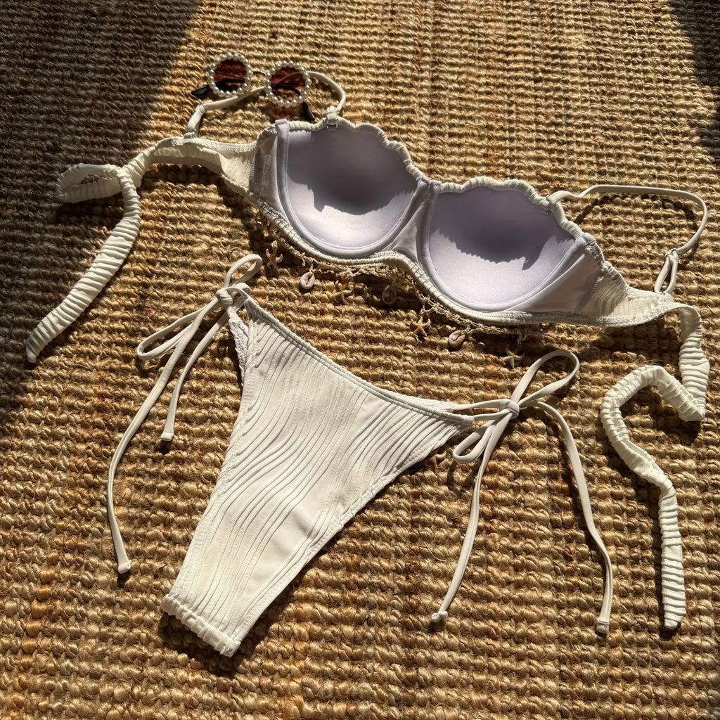 Shell Scalloped Wrinkled Underwired Bra Cup Bikini Female Swimsuit Women Swimwear Two-pieces Bikini Set Push Up Bathing Suit