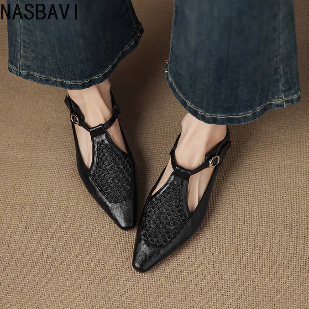 New Design Women T-Strap Sandals Square Toe Flats Buckle Breathable Mesh Casual Soft Leather Daily OL Shoes Plus Size 41 42 43