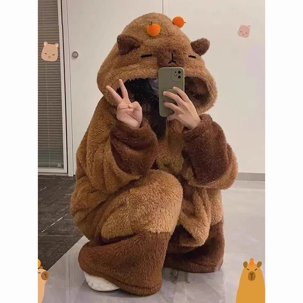 Adult Capybara Robes Onesies Pajamas Cartoon Pyjama Animal Kigurumi Slipper Halloween Cosplay Costumes Warm Sleepwear Jumpsuit