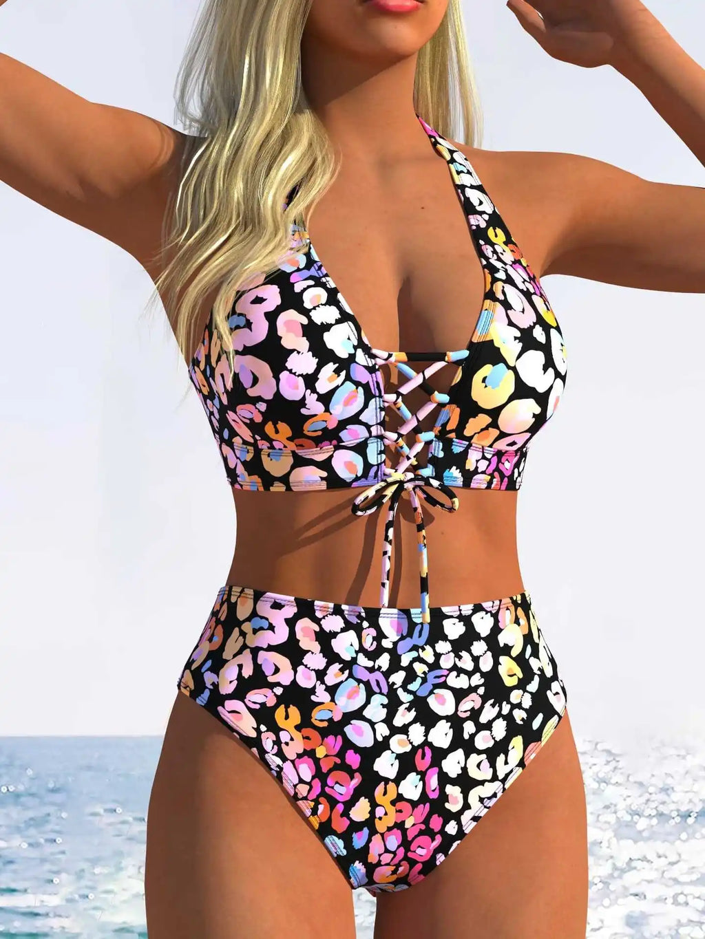 Sexy Pink Leopard Print Gradient Bikini Set Women Drawstring V Neck Push Up High Waist Swimsuit 2026 Beach Bathing Suit Swimwear