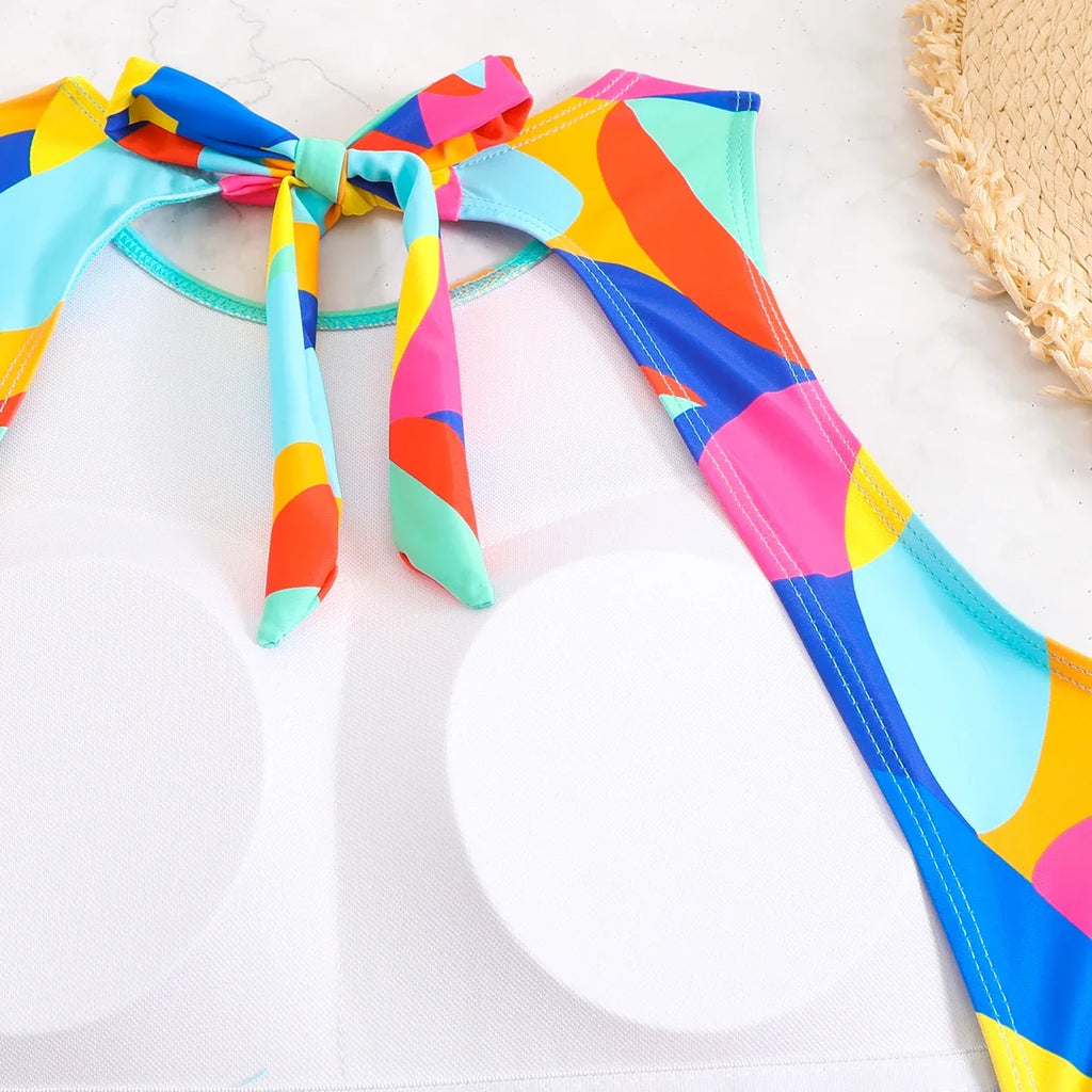 2026 Color Block Swimsuit One Piece Backless Printed Swimwear Women Bathers Bathing Swimming Swim Suit Padded Beachwear Summer