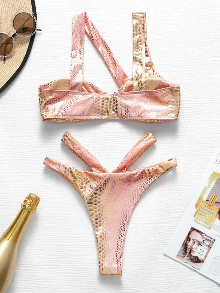 Asymmetric Shiny Snake Skin Thong Bikini Female Swimsuit Women Swimwear Two Pieces Bikini set High Cut Bather Bathing Suit Swim