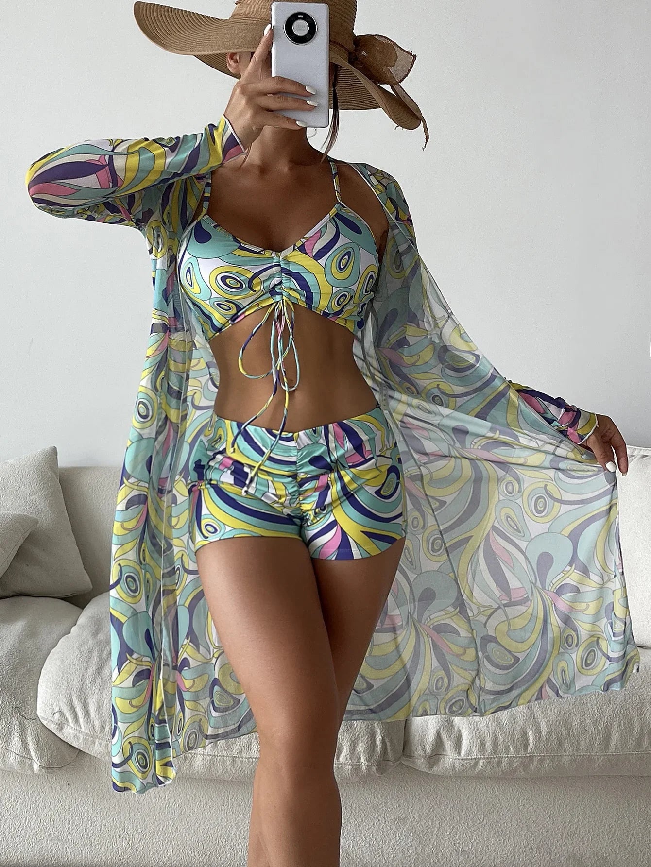 New Sexy 3 Pieces Suit for Women Neck Hanging Bikini Set+Cover-up Swimwear Sunproof Tankini High Waist Shorts Swimsuit Beachwear
