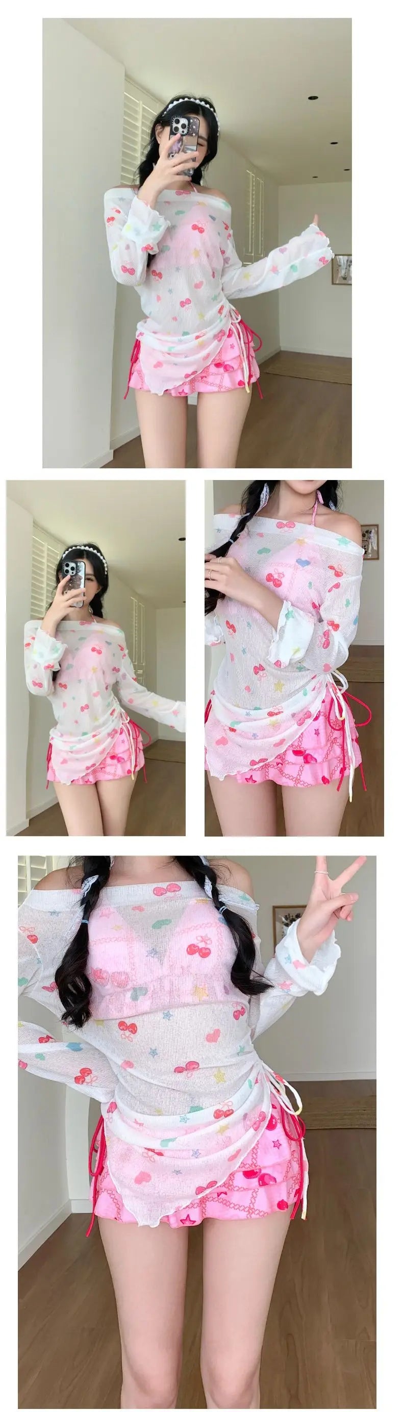 Sweet Vacation Bikini Set 2026 Women Long Sleeve Drawstring Cover Ups Pleate Short 4 Piece Swimsuit Beach Bathing Suit Swimwear