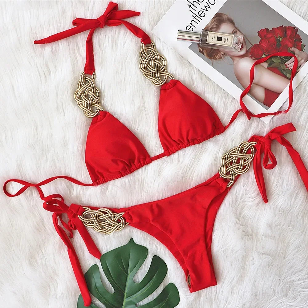 5 Colors Sexy Bikini Women Solid Hand-woven Knot Swimwear Swimsuit Female Bandage Halter Beach Bikini Set Bathing Suit Banadores