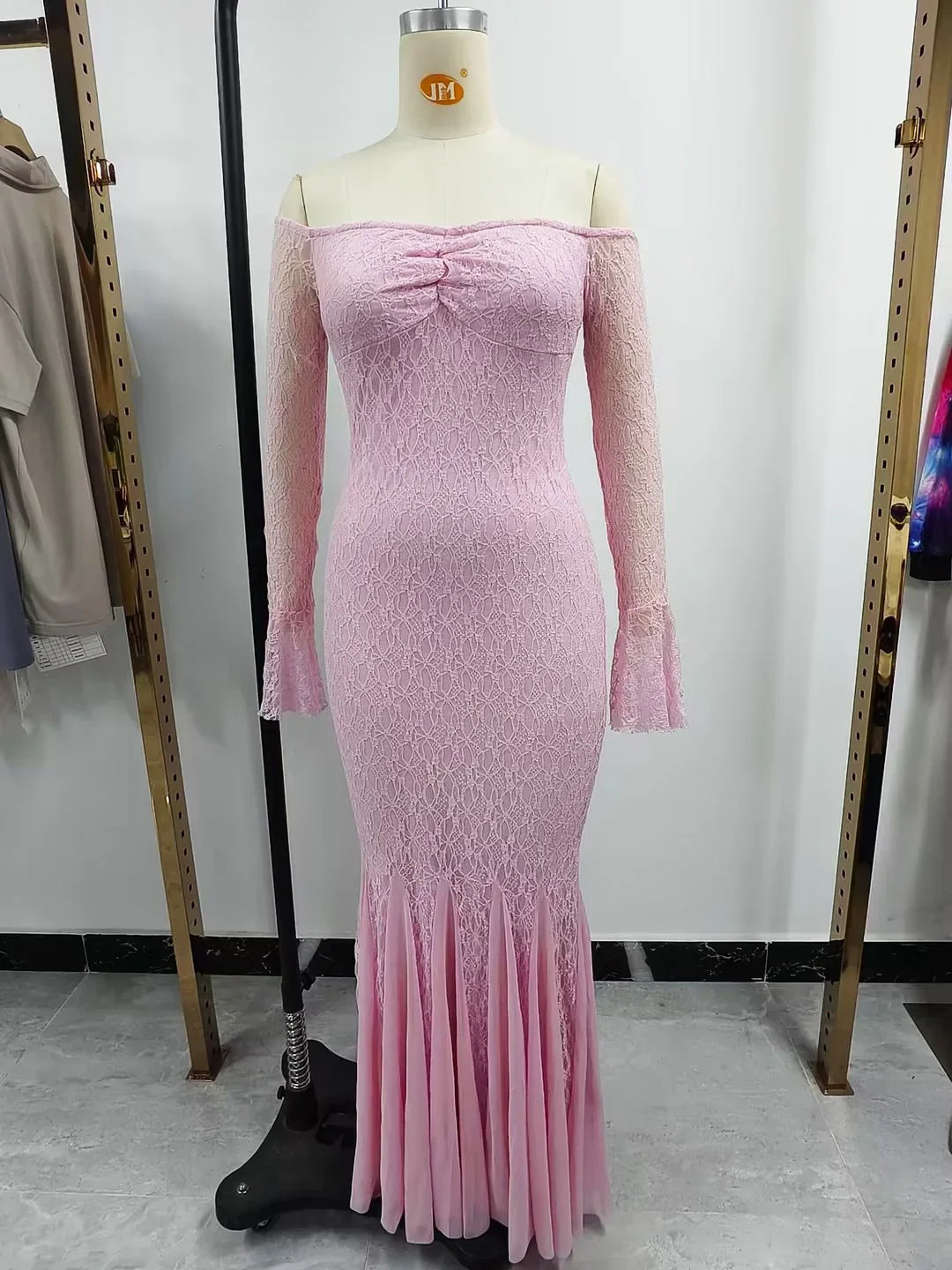 Elegant French Style Pink Long Dress Women Lace Long Sleeved Dress Evening Gown Party Wedding Dress up Lady Spring Summer Outfit