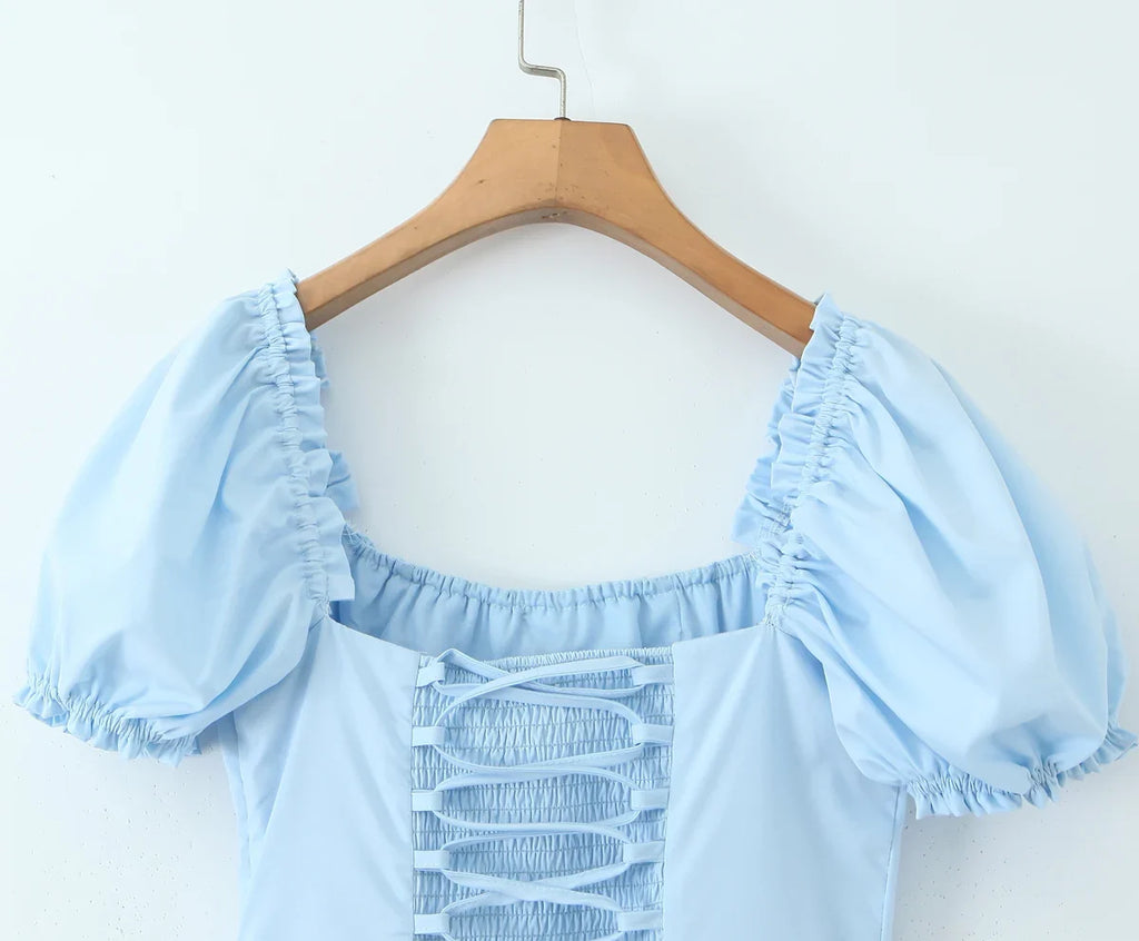 Bowknot Ruffles Light Blue Midi Dress Women's Summer Off Shoulder Short Sleeve Beach Dress Drawstring White A-line Vestidos 2025